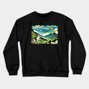 Vintage Japanese Art Kite Flying Mountain Mt. Fuji Cute Cat Crewneck Sweatshirt